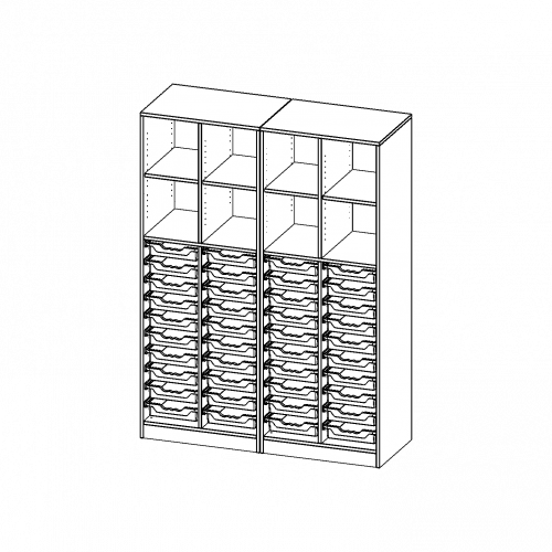ErgoTray Regal, vierreihig, 5 Ordnerhöhen - evo180 Serie B/H/T: 140,6x190x50 cm, mit Sockel (81 mm), zweiteilig und Mittelwand, unten 40 flache ErgoTray Boxen, oben 4 Einlegeböden