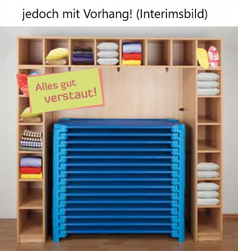 Regal für Bettzeug und Stapelliegen B/H/T: 200x190x60/67 cm, für max. 20 Liegen, 20 Bettzeugfächer, komplett mit Vorhang und Vorhangeinrichtung