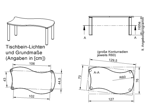 Tisch ZALOTTI mit Schichtstoff-Belag Wellen-Rechtecktisch, B/H/T: 120x25x60 cm, Stahlrohrbeine Ø 60 mm, Fußvariante: fahrbar, Tischbeine mit RAL-Farbe 9006 (weißaluminium)
