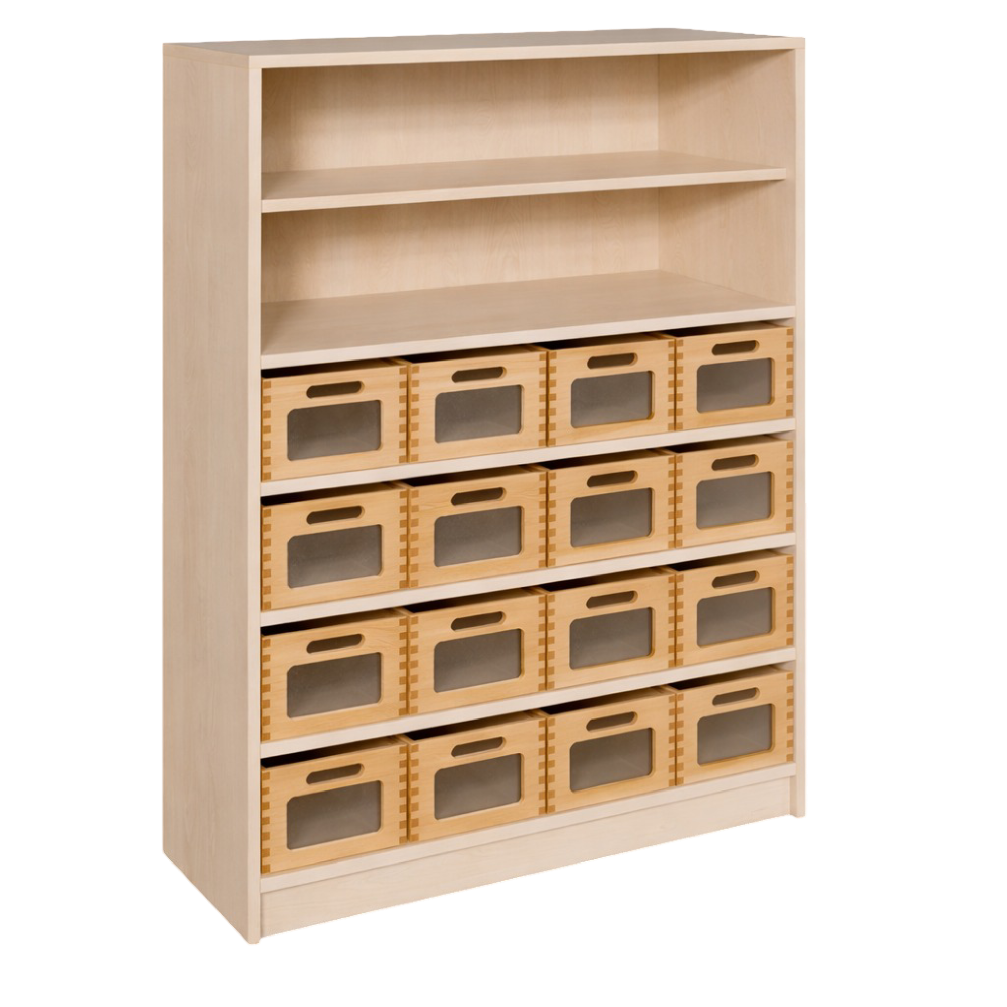 Korpus-Regal mit Materialkästen und offenen Fächern B/H/T: 102x120x40 cm, mit 16 Massivholz-Kästen mit Sichtfenster, oben Regal mit 2 Fächern
