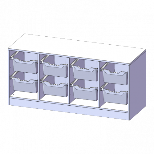 ErgoTray Regal, vierreihig, 1,5 Ordnerhöhen - evo180 Serie B/H/T: 138,7x64x50 cm, mit Sockel (81 mm), 8 hohe ErgoTray Boxen