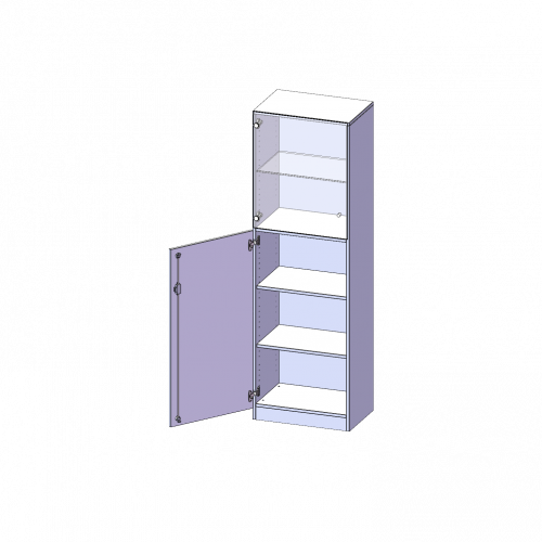 Schrank 5 Ordnerhöhen, unten Tür (3 OH), oben Vitrinentür (2 OH) - Serie evo180 B/H/T: 60x190x50 cm, 1 geschlossene und 1 Glastür, abschließbar, Türen öffnen nach links, mit Sockel (81 mm)
