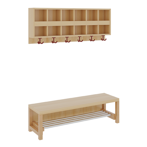 Komplettgarderobe mit doppelter Ablagereihe B/T: 120x35 cm, 6 Plätze, Sitzhöhe: 34 cm, 2teilig ohne Stütze, Ablage zur Wandmontage, mit Schuhrost aus Aluminiumrohren