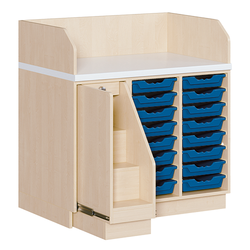 Wickelkommode, dreireihig B/H/T: 107x113x91,5 cm, Ausziehbarer Aufstieg links, 16 Boxen rechts