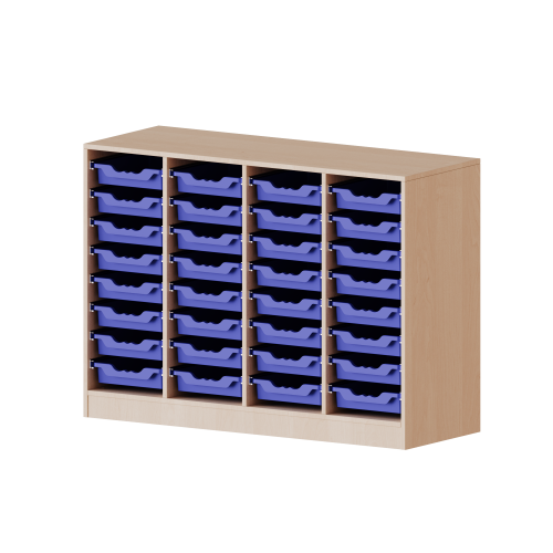 ErgoTray Regal, vierreihig, 2,5 Ordnerhöhen - evo180 Serie B/H/T: 138,7x100x50 cm, mit Möbelstellfüßen, 32 flache ErgoTray Boxen
