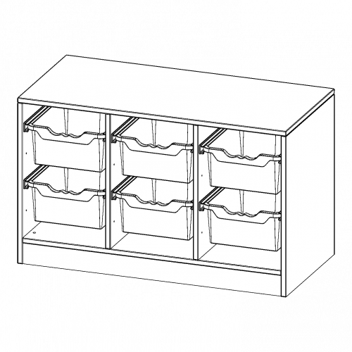 ErgoTray Regal, dreireihig, 1,5 Ordnerhöhen - evo180 Serie B/H/T: 104,5x64x50 cm, mit Sockel (81 mm), 6 hohe ErgoTray Boxen