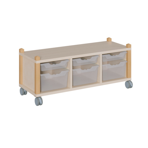 fahrbares Regal in Stollenbauweise B/H/T: 109x42,5x40 cm, in 3 Reihen 3 flache + 3 hohe ErgoTray-Boxen
