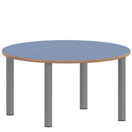 Tisch ZALOTTI mit Linoleum-Belag Rundtisch, Durchmesser/H: 100x25 cm, Stahlrohrbeine Ø 60 mm, Fußvariante: Stellfuß, Tischbeine mit RAL-Farbe 9006 (weißaluminium)
