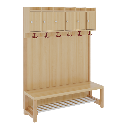 Komplettgarderobe mit Ablagen und Türen B/H/T: 120x158x39 cm, 6 Plätze, Sitzhöhe: 26 cm, Stütze mit Paneelrückwand, mit Schuhrost aus Aluminiumrohren