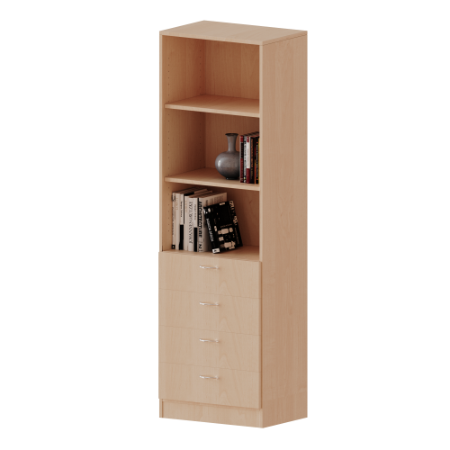 Schubladen - Kombischrank, 5 Ordnerhöhen - Serie evo180 B/H/T: 60x190x40 cm, 4 Schubladen unten, oben 3 offene Fächer, mit Sockel (81 mm)