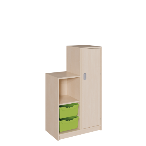Korpus-Schrank "SideStep", Tür und Boxen B/H/T: 70,5x80/120x40 cm, in stufenartiger Kontur, links Regal und 2 Boxen, mit Tür auf hoher Seite, rechts
