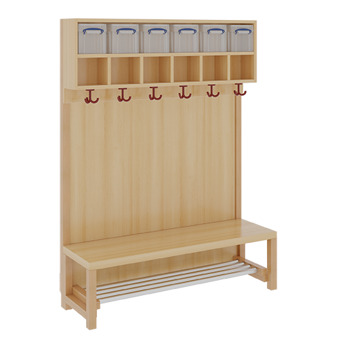 Komplettgarderobe mit doppelter Ablagereihe inklusive Boxen B/H/T: 120x158x39 cm, 6 Plätze, Sitzhöhe: 26 cm, Stütze mit Paneelrückwand, mit Schuhrost aus Aluminiumrohren