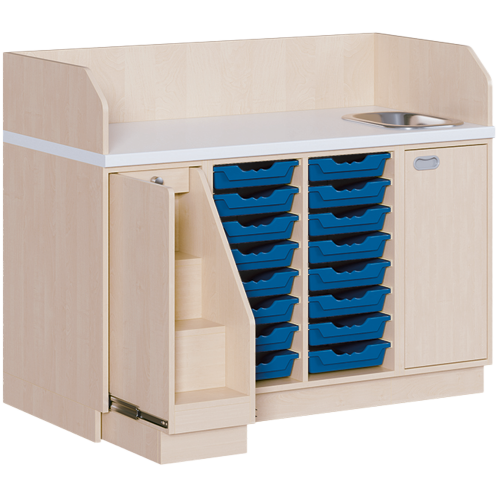 Wickelkommode, dreireihig zuzüglich Waschbecken B/H/T: 143x113x71,5 cm, Ausziehbarer Aufstieg links, 16 Boxen und Waschbecken rechts