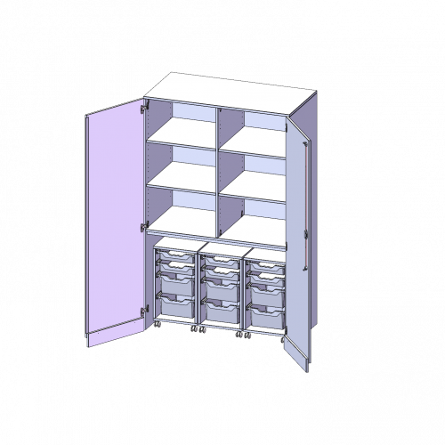 Garagenschrank ohne Sockel, 5 Ordnerhöhen - Serie evo180 B/H/T: 120x190x60 cm, 3 Container mit je 2 flachen und 2 hohen ErgoTray Boxen