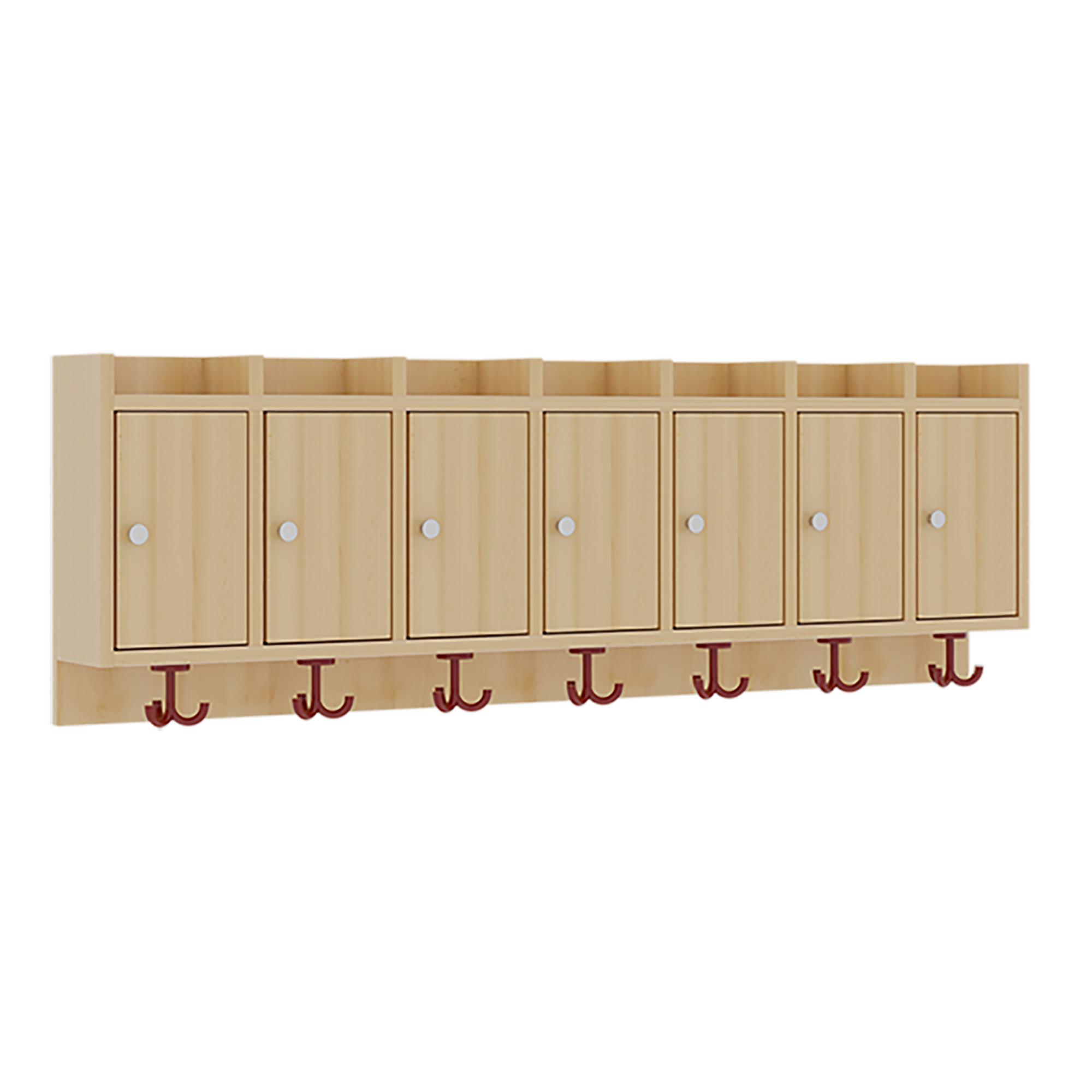 Garderobenablage mit Türen B/H/T: 140x46x27 cm, 7 Fächer mit Türen, darunter 3fach-Haken, oben offene Unterteilungen