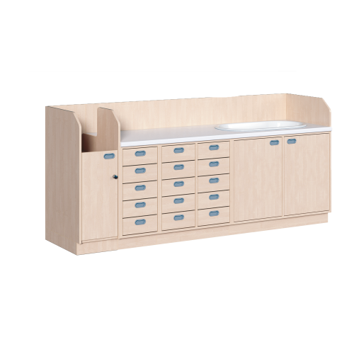 Wickelkommode, vierreihig zuzüglich Badewanne B/H/T: 249x113x71,5 cm, Integrierter Aufgang links, Schübe und Badewanne rechts