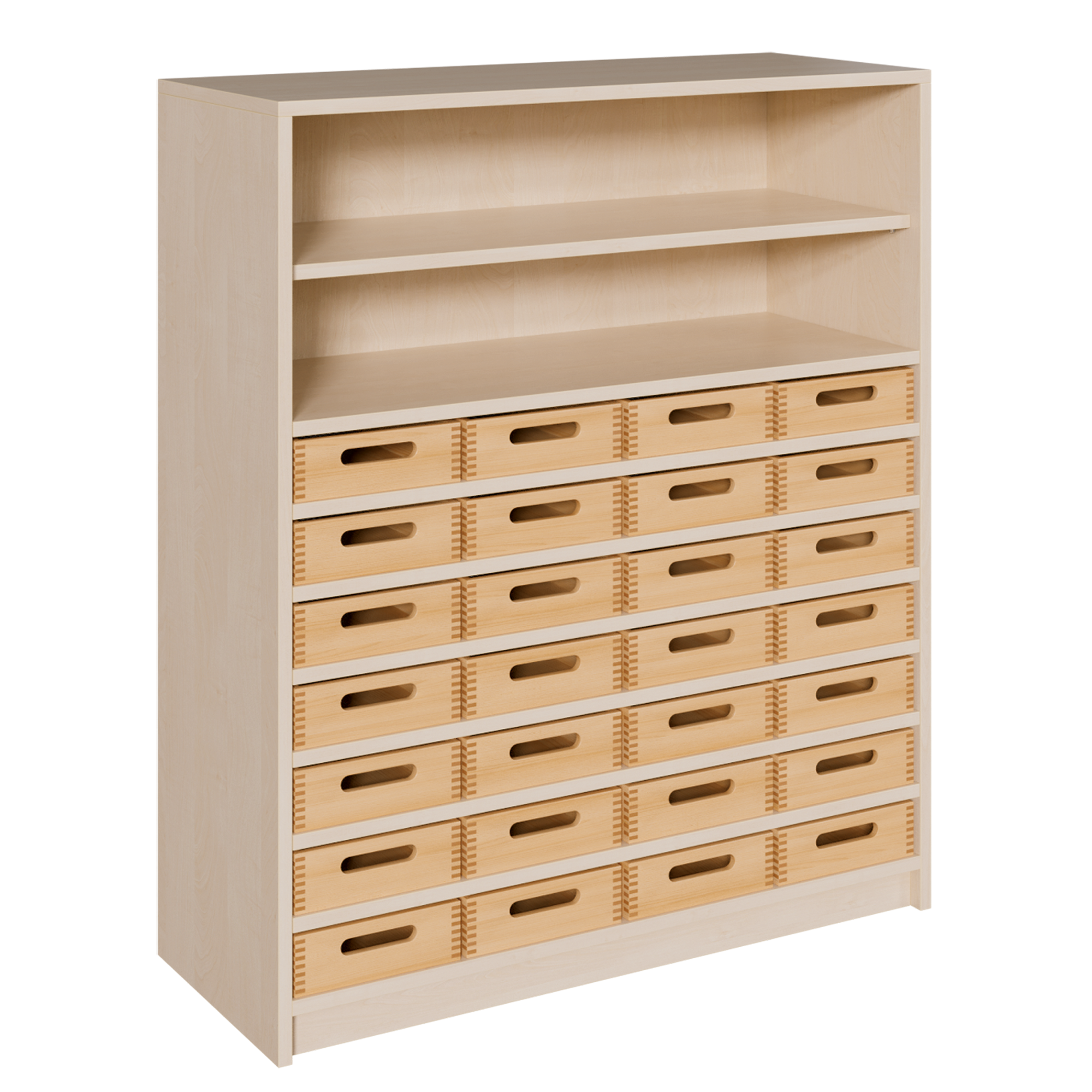 Korpus-Regal mit flachen Materialkästen und offenen Fächern B/H/T: 102x120x40 cm, 28 flache Massivholz-Kästen, oben Regal mit 2 Fächern