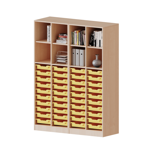 ErgoTray Regal, vierreihig, 5 Ordnerhöhen - evo180 Serie B/H/T: 140,6x190x40 cm, mit Sockel (81 mm), zweiteilig und Mittelwand, unten 40 flache ErgoTray Boxen, oben 4 Einlegeböden