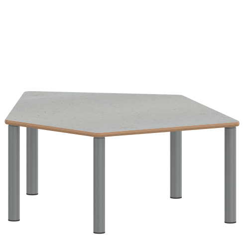 Tisch ZALOTTI mit Linoleum-Belag Fünfecktisch-klein, B/H/T: 121x25x110 cm, Stahlrohrbeine Ø 60 mm, Fußvariante: Stellfuß, Tischbeine mit RAL-Farbe 9006 (weißaluminium)