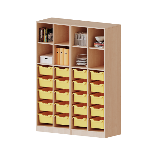 ErgoTray Regal, vierreihig, 5 Ordnerhöhen - evo180 Serie B/H/T: 140,6x190x40 cm, mit Sockel (81 mm), zweiteilig und Mittelwand, unten 20 hohe ErgoTray Boxen, oben 4 Einlegeböden
