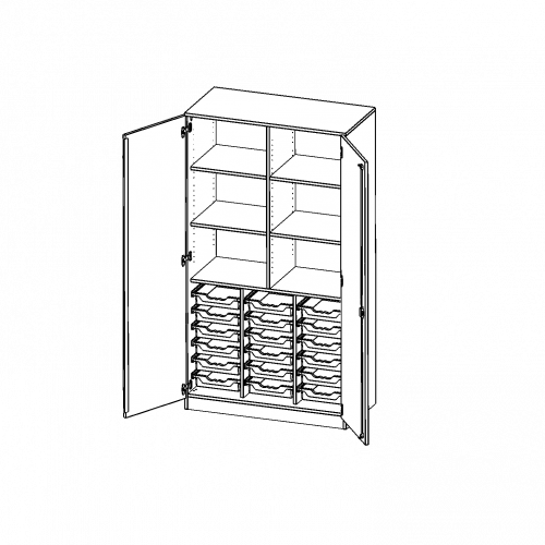 ErgoTray Schrank, dreireihig, 5 Ordnerhöhen - evo180 Serie B/H/T: 104,5x190x50 cm, zweitürig, mit Sockel (81 mm), mit Mittelwand, mit 18 flachen ErgoTray Boxen