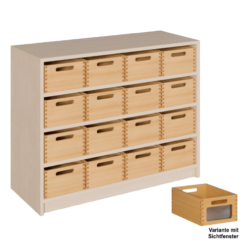 Korpus-Regal mit Materialkästen B/H/T: 102x80x40 cm mit 16 Massivholz-Kästen mit Sichtfenster