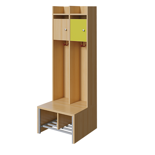 Spindgarderobe, kleine Tür B/H/T: 56x160x55 cm, 2 Plätze, Türen rechts, Bank aus feuerhemmendem Material, Schuhrost, 3fach-Haken