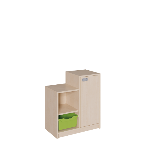 Korpus-Schrank "SideStep", Tür und Boxen B/H/T: 70,5x60/80x40 cm, in stufenartiger Kontur, links Regal und 1 Box, mit Tür auf hoher Seite, rechts