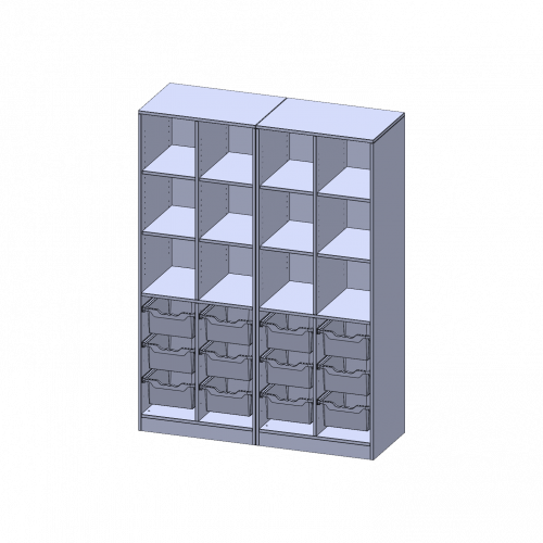 ErgoTray Regal, vierreihig, 5 Ordnerhöhen - evo180 Serie B/H/T: 140,6x190x50 cm, mit Sockel (81 mm), zweiteilig und Mittelwand, unten 12 hohe ErgoTray Boxen, oben 8 Einlegeböden