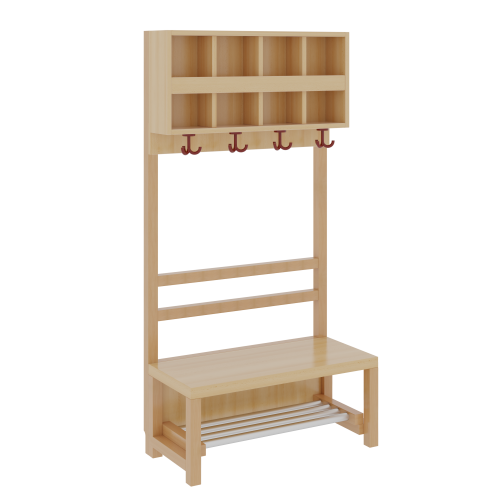 Komplettgarderobe mit doppelter Ablagereihe B/H/T: 80x158x39 cm, 4 Plätze, Sitzhöhe: 34 cm, offene Stütze in Buche-massiv, mit Schuhrost aus Aluminiumrohren