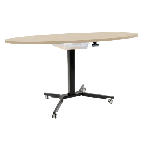 Sitz- / Stehtisch mit Schublade und Vollkernplatte B/H/T: 130x70-111x80 cm, fahrbarer und höhenverstellbarer Ovaltisch