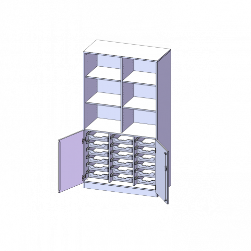 ErgoTray Kombi-Schrank, dreireihig, 5 Ordnerhöhen - evo180 Serie B/H/T: 104,5x190x50 cm, unten 2 OH Türen und 18 flache ErgoTray Boxen, oben 3 OH Regal, Sockel, mit Mittelwand