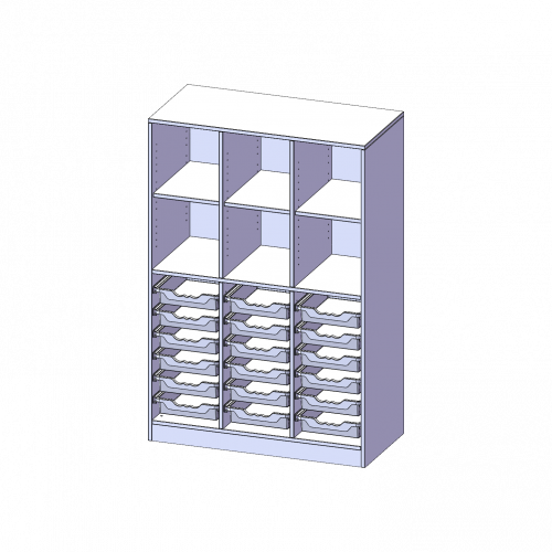 ErgoTray Regal, dreireihig, 4 Ordnerhöhen - evo180 Serie B/H/T: 104,5x154x50 cm, mit Sockel (81 mm), unten 18 flache, oben 6 Fächer