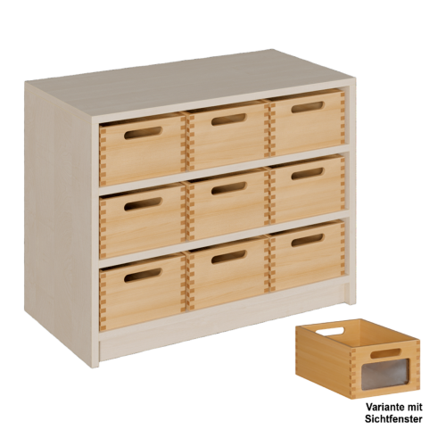 Korpus-Regal mit Materialkästen B/H/T: 78x60x40 cm mit 9 Massivholz-Kästen mit Sichtfenster