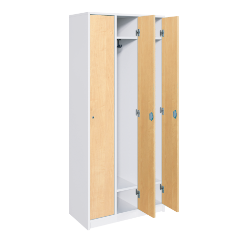 Spindschränke mit Hutboden und Garderobenhaken B/H/T: 98x190x50 cm, Schließfachschrank mit 3 durchgehenden Türen, verschieden schließend und Schuhfach