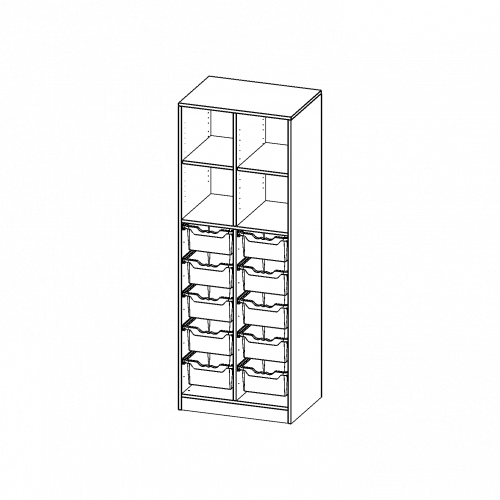 ErgoTray Regal, zweireihig, 5 Ordnerhöhen - evo180 Serie B/H/T: 70,3x190x50 cm, mit Sockel (81 mm) und Mittelwand, unten 10 hohe ErgoTray Boxen, oben 2 Einlegeböden