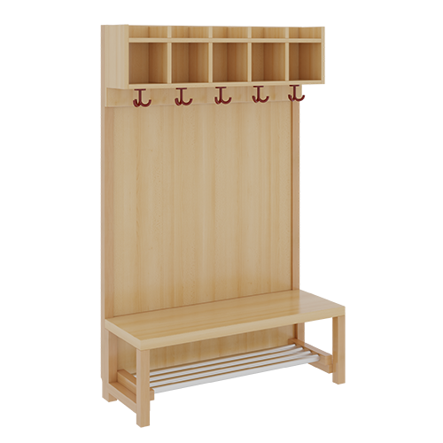 Komplettgarderobe mit einfacher Ablagereihe B/H/T: 100x130x39 cm, 5 Plätze, Sitzhöhe: 26 cm, Stütze mit Paneelrückwand, mit Schuhrost aus Aluminiumrohren