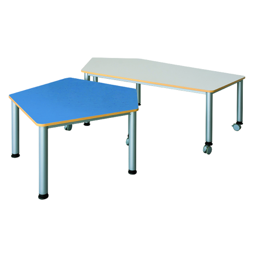 Fahrbarer Fünfecktisch mit Melaminharzbeschichtung B/T: 185x104 cm, wählbare Höhe, melaminharzbeschichtete Spanplatte, Stahlzargengestell und Rundrohr-Füße Ø 60, Fünfecktisch groß
