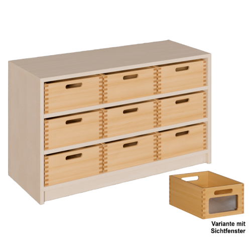 Korpus-Regal mit breiten Materialkästen B/H/T: 102x60x40 cm mit 9 Massivholz-Kästen mit Sichtfenster