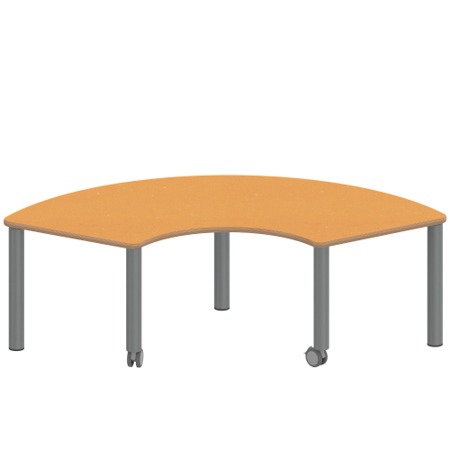 Tisch ZALOTTI mit Linoleum-Belag Drittelkreistisch, B/H/T: 173x25x80 cm, Stahlrohrbeine Ø 60 mm, Fußvariante: fahrbar, Tischbeine mit RAL-Farbe 9006 (weißaluminium)