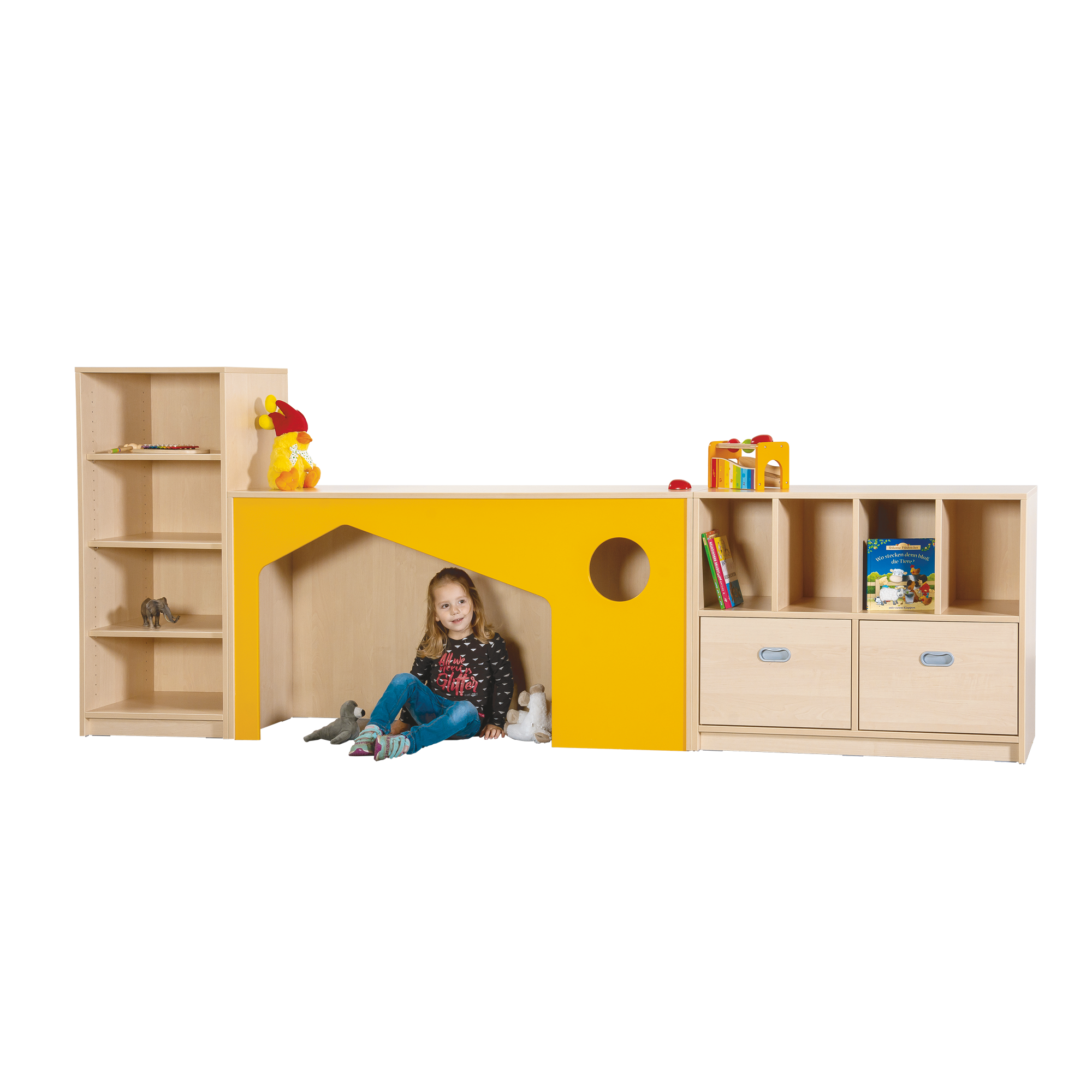 Fertigregalsystem in Korpusbauweise "Dora" B/H/T: 3060x80/120x40 cm, Regalsystem mit Versteckhöhle und 2 Dekorschüben
