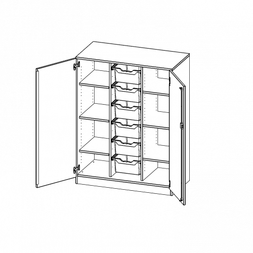 ErgoTray Schrank, dreireihig, 3,5 Ordnerhöhen - evo180 Serie B/H/T: 104,5x136x50 cm, zweitürig, mit Sockel (81 mm), mit 6 hohen ErgoTray Boxen