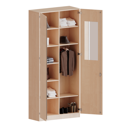 Garderobenschrank mit Spiegel und Garderobenstange, 6 Ordnerhöhen - Serie evo180 B/H/T: 100x226x50 cm, 2 Türen, abschließbar, eine Seite Garderobe, eine Seite Fachböden, Sockel