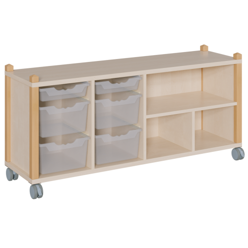 fahrbares Regal in Stollenbauweise B/H/T: 143,3x62,5x40 cm, in 4 Reihen 2 flache und 4 hohe ErgoTray-Boxen und 4 Fächer