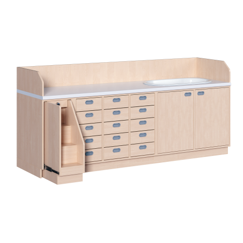 Wickelkommode, vierreihig zuzüglich Badewanne B/H/T: 249x113x71,5 cm, Ausziehbarer Aufstieg links, 15 Schübe und Badewanne rechts