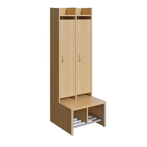 Spindgarderobe, hohe Tür B/H/T: 56x160x55 cm, 2 Plätze, Türen rechts, Bank aus feuerhemmendem Material, Schuhrost, 3fach-Haken