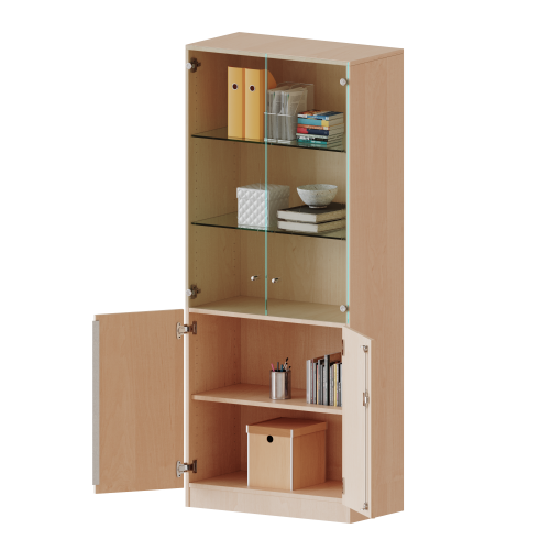 Schrank, 5 Ordnerhöhen, unten Türen (2 OH), oben Vitrinentüren (3 OH) - Serie evo180 B/H/T: 100x190x60 cm, 2 geschlossene und 2 Glastüren, abschließbar, mit Sockel (81 mm)