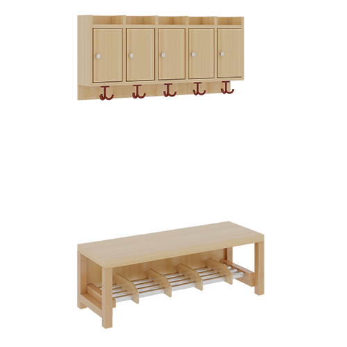 Komplettgarderobe mit Ablagen und Türen B/T: 100x35 cm, 5 Plätze, Sitzhöhe 26 cm, 2teilig ohne Stütze, Ablage zur Wandmontage, Alurohr-Schuhrost mit Trennungen