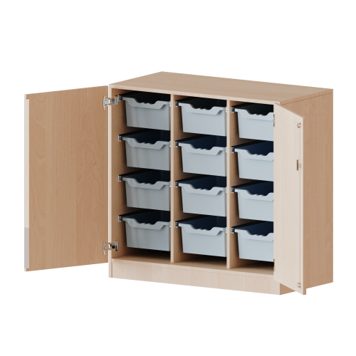 ErgoTray Schrank, dreireihig, 2,5 Ordnerhöhen - evo180 Serie B/H/T: 104,5x100x50 cm, zweitürig, mit Möbelstellfüßen, mit 12 hohen ErgoTray Boxen