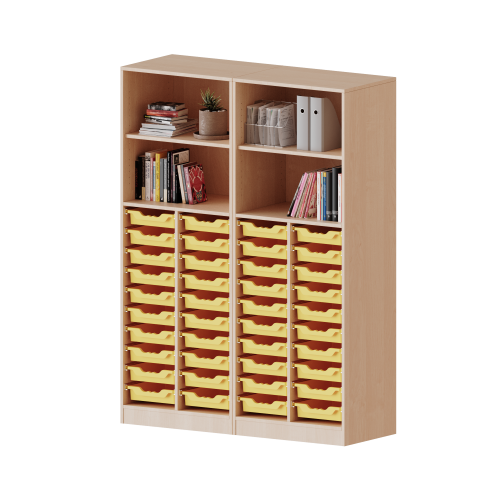ErgoTray Regal, vierreihig, 5 Ordnerhöhen - evo180 Serie B/H/T: 140,6x190x40 cm, mit Sockel (81 mm), zweiteilig, unten 40 flache ErgoTray Boxen, oben 2 Einlegeböden